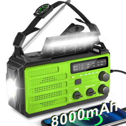 Jazmm 22200mWh Emergency Crank Radio, Emergency Solar Radio, NOAA/AM/FM Weather Radio, SOS Alarm, 6000wAh Battery Hand Crank Flashlight, Compass for Tornado, Winter Storm, and Survival Kits(Green)