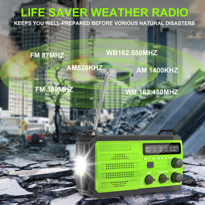Jazmm 22200mWh Emergency Crank Radio, Emergency Solar Radio, NOAA/AM/FM Weather Radio, SOS Alarm, 6000wAh Battery Hand Crank Flashlight, Compass for Tornado, Winter Storm, and Survival Kits(Green)