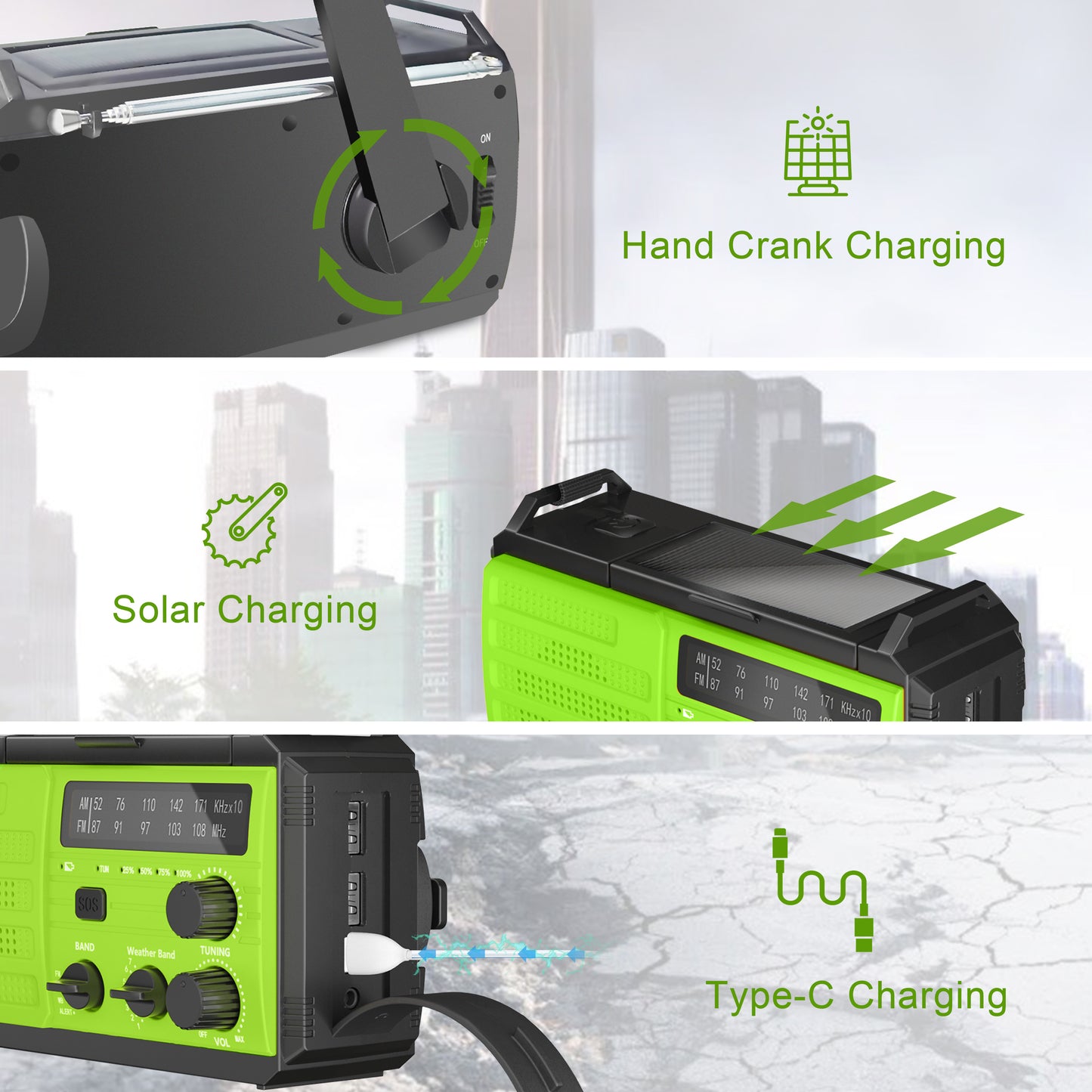 Jazmm 22200mWh Emergency Crank Radio, Emergency Solar Radio, NOAA/AM/FM Weather Radio, SOS Alarm, 6000wAh Battery Hand Crank Flashlight, Compass for Tornado, Winter Storm, and Survival Kits(Green)