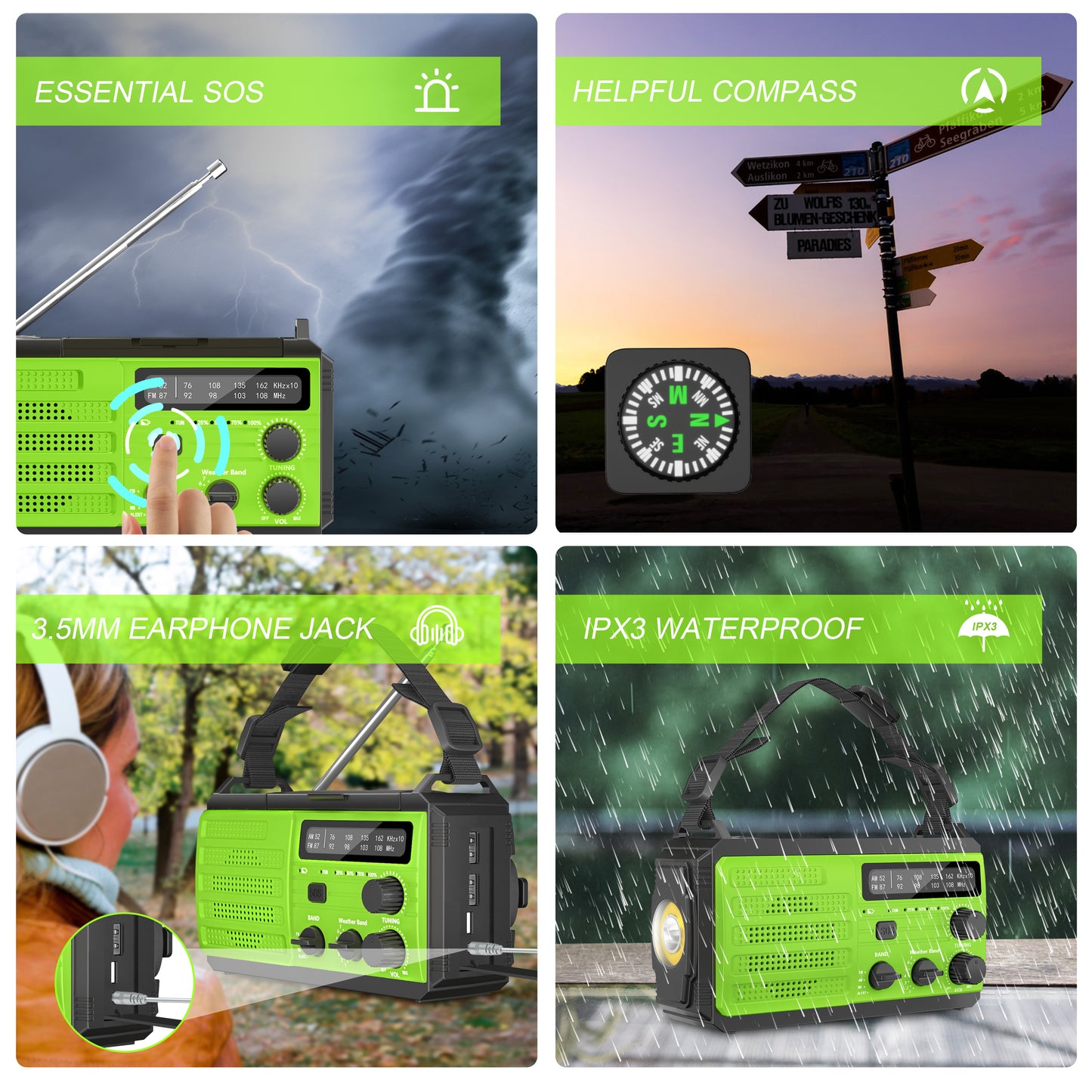 Jazmm 22200mWh Emergency Crank Radio, Emergency Solar Radio, NOAA/AM/FM Weather Radio, SOS Alarm, 6000wAh Battery Hand Crank Flashlight, Compass for Tornado, Winter Storm, and Survival Kits(Green)